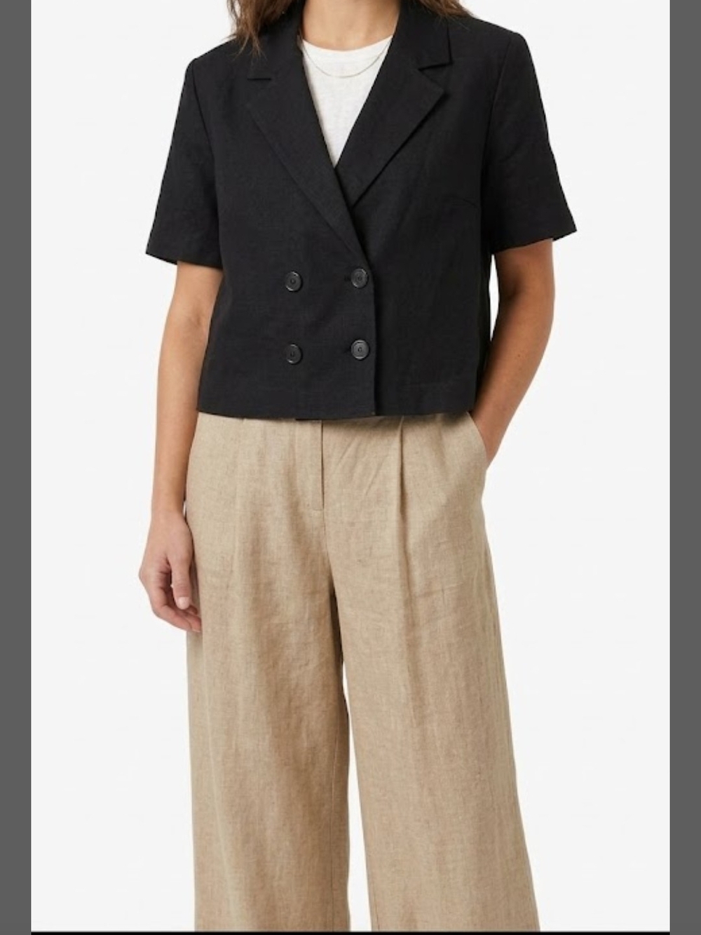 Cropped Double-Breasted Black Short-Sleeve Linen Blend Blazer